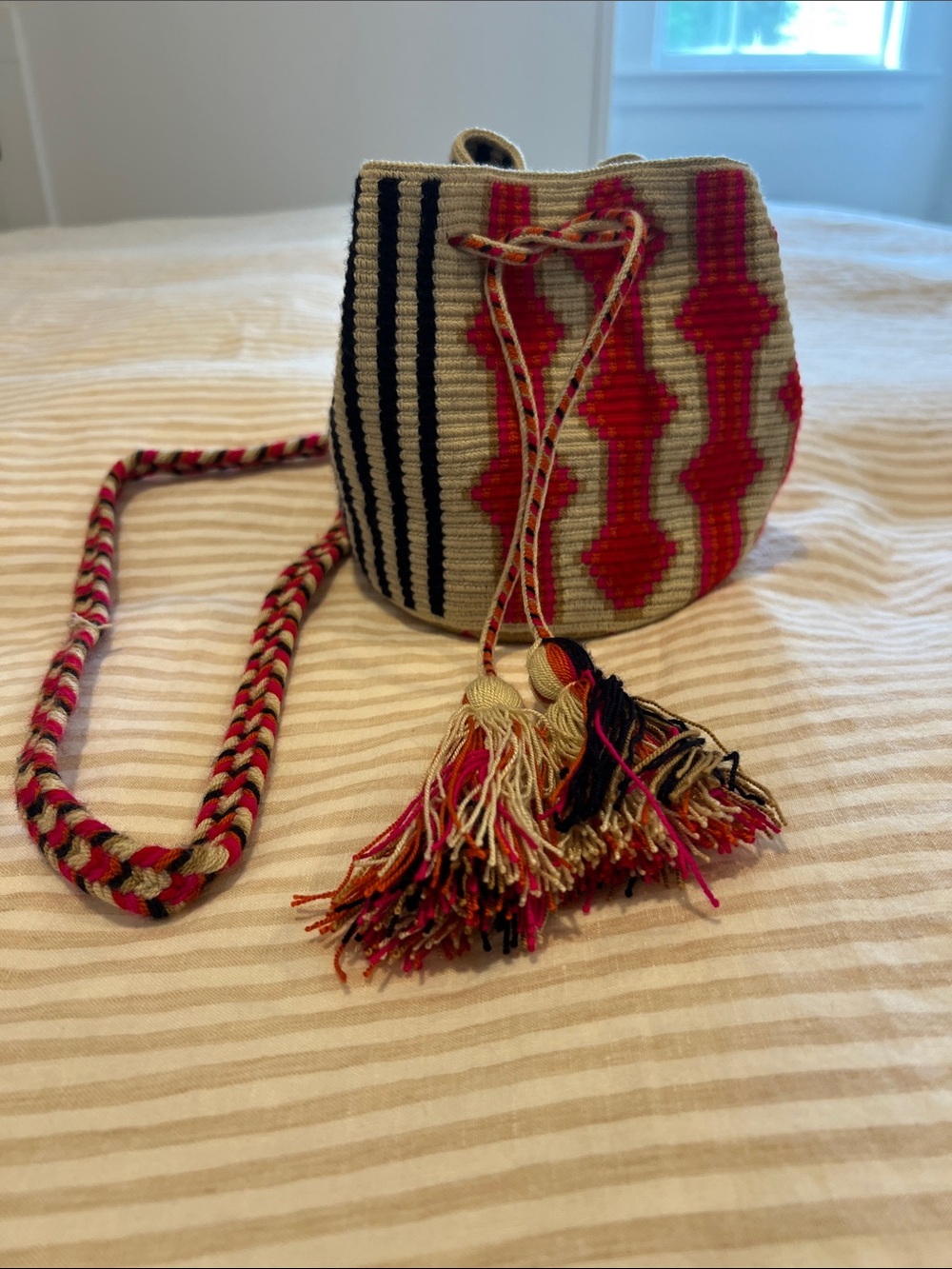 Guanabana Handwoven Bucket Crossbody Bag, Cream/Red/Pink/Orange/Black